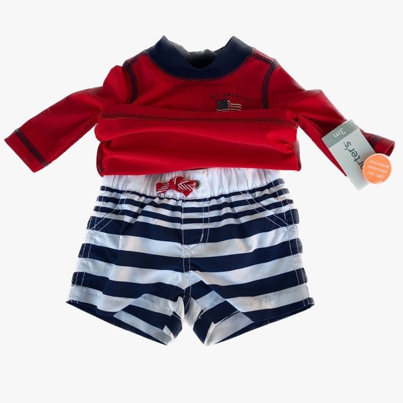Carter's Baby Boy 2 Piece Swim Set, Red White Blue Trunks/Rash Guard Long Sleeve - Picture 3 of 11